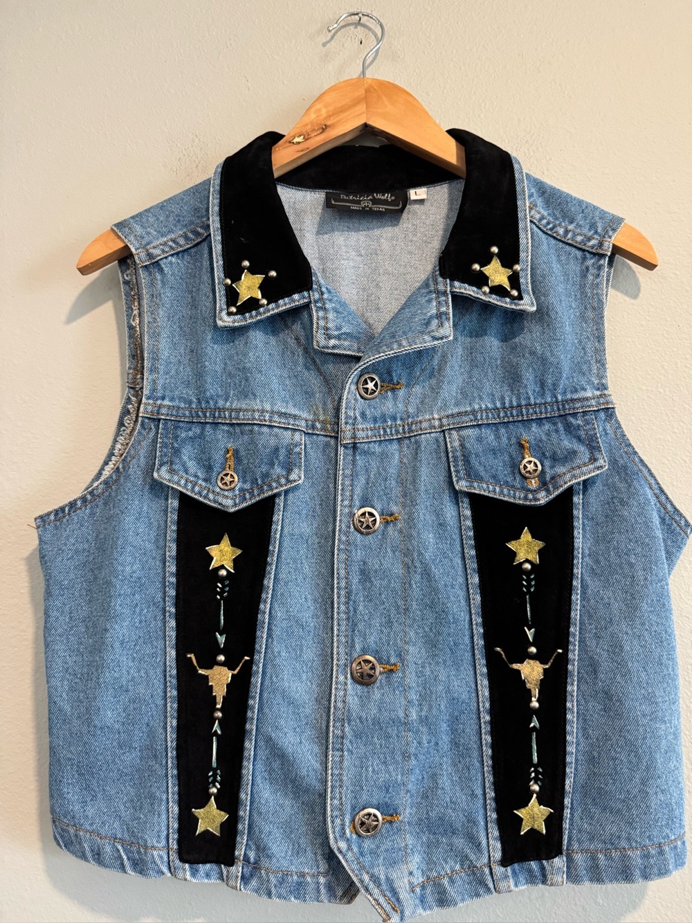 Vintage Patricia Wolf Hand Painted Stud Denim Vest Western Rodeo Unique Large